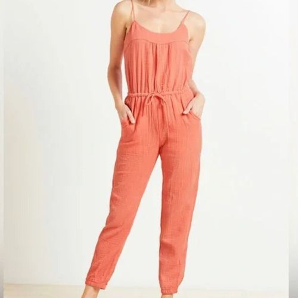 Evereve‎ Coral Pink Double Gauze Cotton Jumpsuit Small Boho Summer Sleeveless L2
